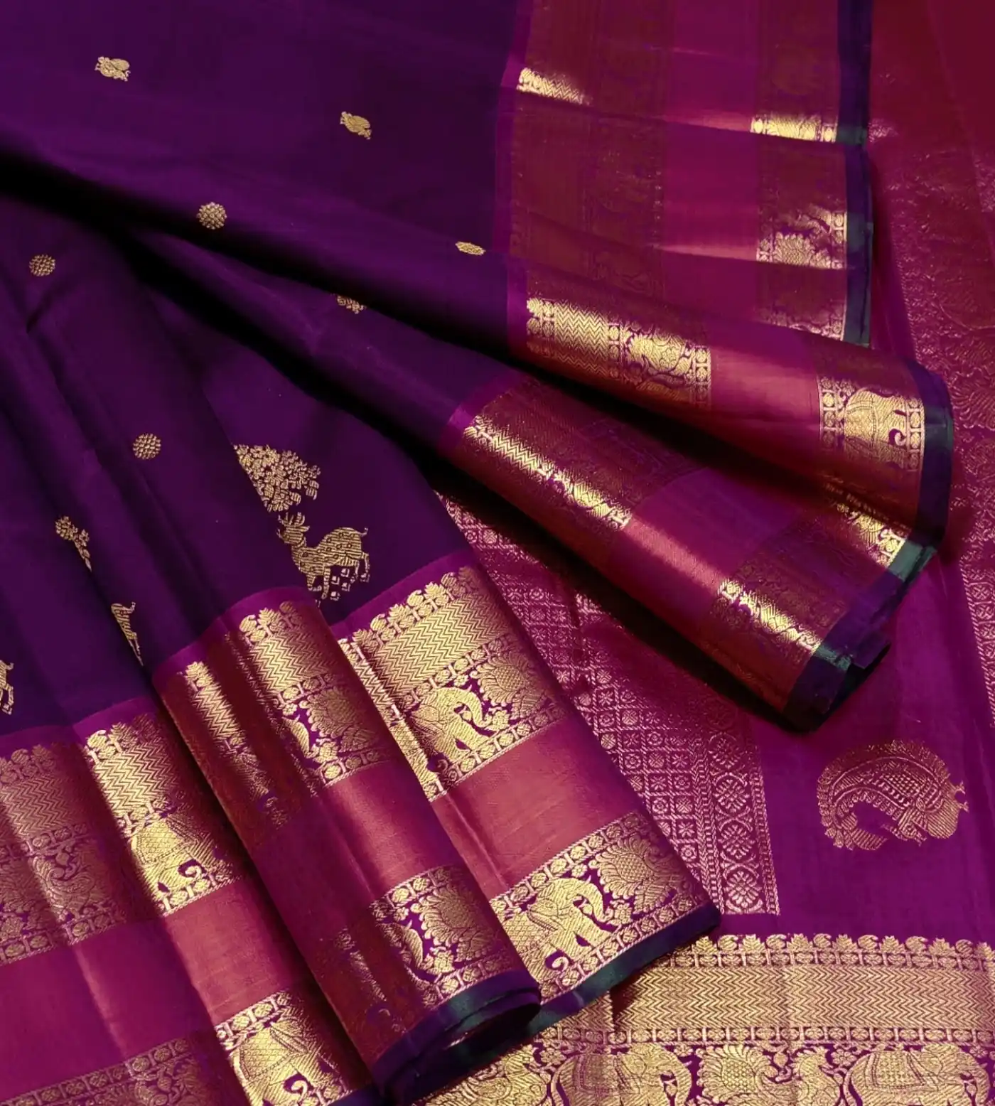 Magenta Pink and Wine Maroon Kancheepuram Silk Saree